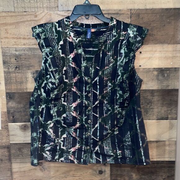 Anthropologie Pilcro Black Motif Sleeveless Ruffle Blouse - Picture 3 of 9